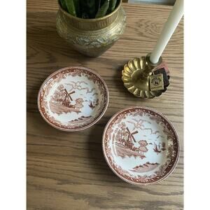 Vintage Brown Transfer Ware Soup Bowls Holland Windmill Japan Set Of 2